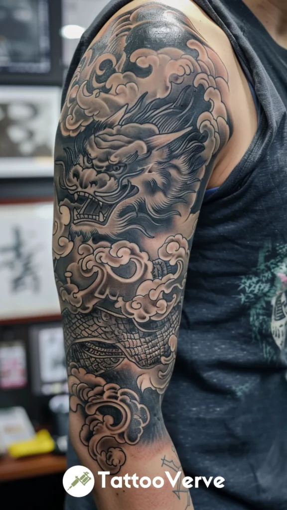 Foo Dog Half Sleeve with Cloud Elements