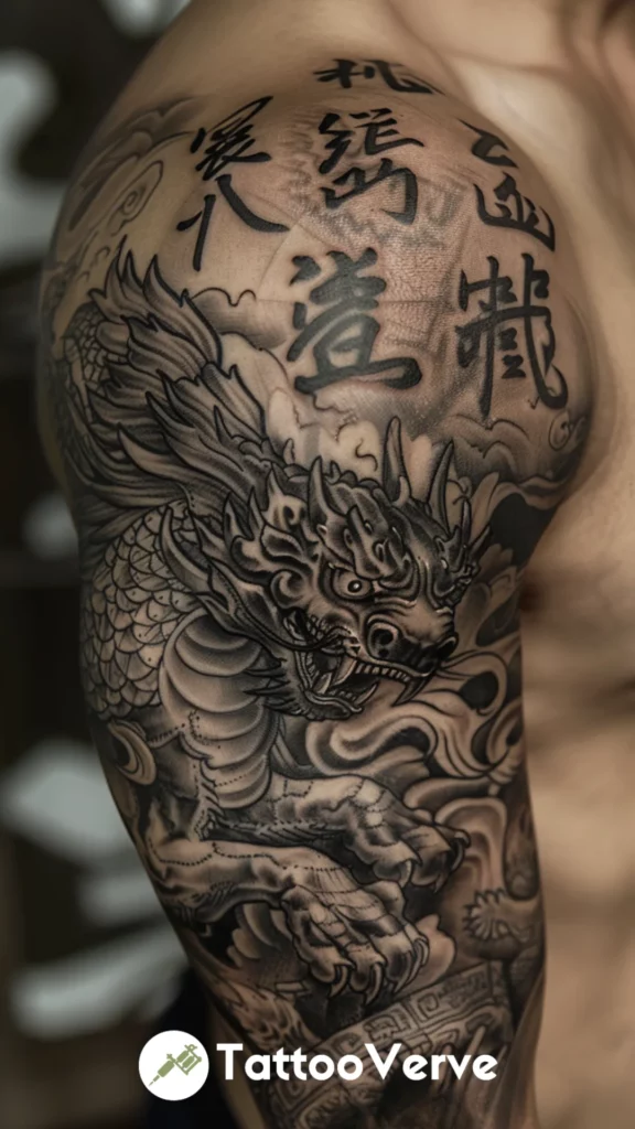Foo Dog Tattoo with Ancient Script Details